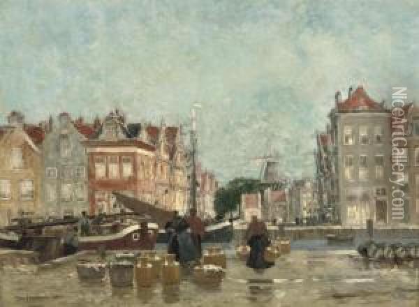 Unloading The Catch Along An Amsterdam Canal Oil Painting - Hans Herrmann