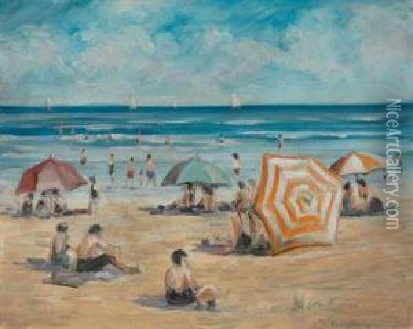At The Beach Oil Painting - Mabel May Woodward