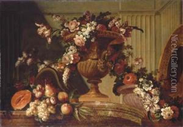 Roses, Tulips, Peonies, Mallows 
And Other Flowers In A Sculptedurn, With Grapes, Peaches, Plums, A 
Melon, A Pear And A Silver Giltsalver On A Marble Ledge Oil Painting - Pierre-Nicolas Huillot