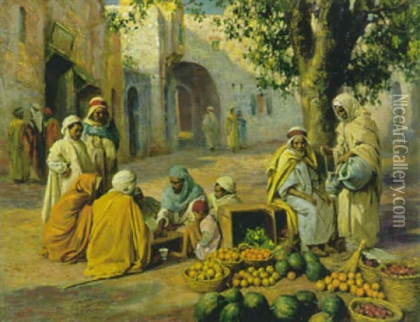 Arabischer Dorfplatz Mit Gemusehandler Und Schachspielern Oil Painting - Arthur Trevor Haddon