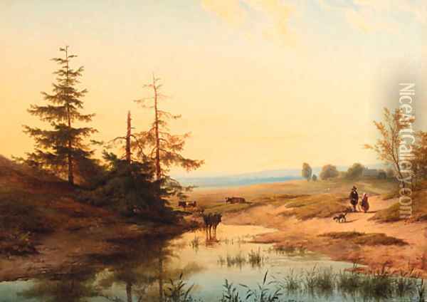 Cattle watering in an extensive landscape Oil Painting - Cornelis Lieste