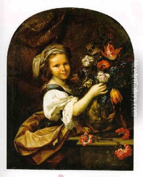Ritratto Di Una Fanciulla Con Un Mazzo Di Fiori - Capparis Sinosa, Tulipani, Anemoni, Garofani Oil Painting - Mario Nuzzi