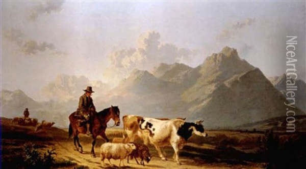 Bauer Mit Huhnerkorb Zu Pferd Mit Vieh Auf Dem Heimweg Oil Painting - Alfred Eduard Agenor de Bylandt