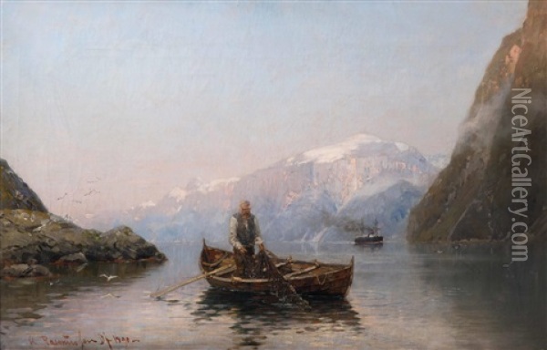 Fischer Und Dampfschiff Im Fjord Oil Painting - Georg Anton Rasmussen