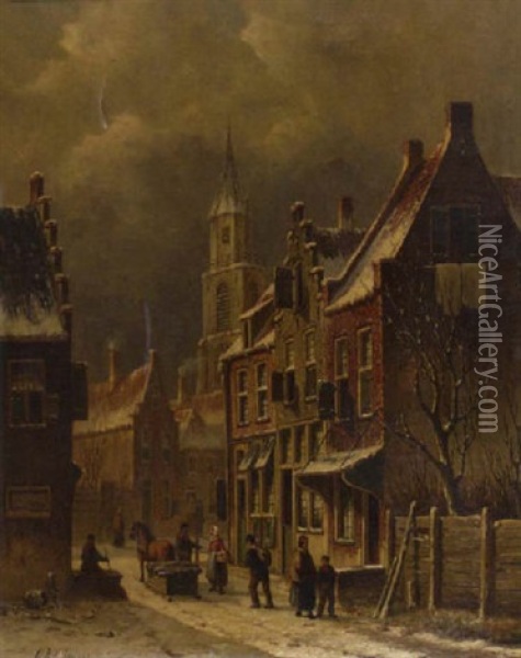A Town View In Winter With Figures Conversing Oil Painting - Oene Romkes De Jongh