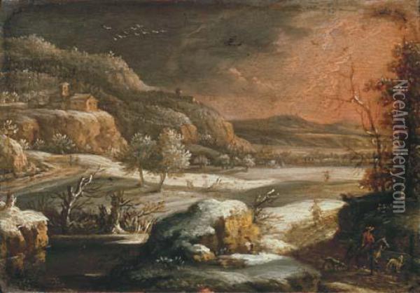 A Mountainous Winter Landscape With Travellers On A Track Oil Painting - Johann Christian Vollerdt or Vollaert