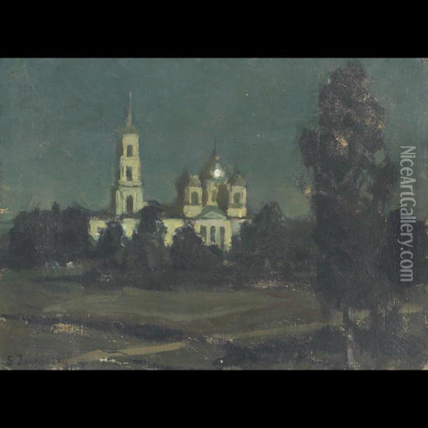 Evening Landscape With Monastry Oil Painting - Stanislaw Zukowski