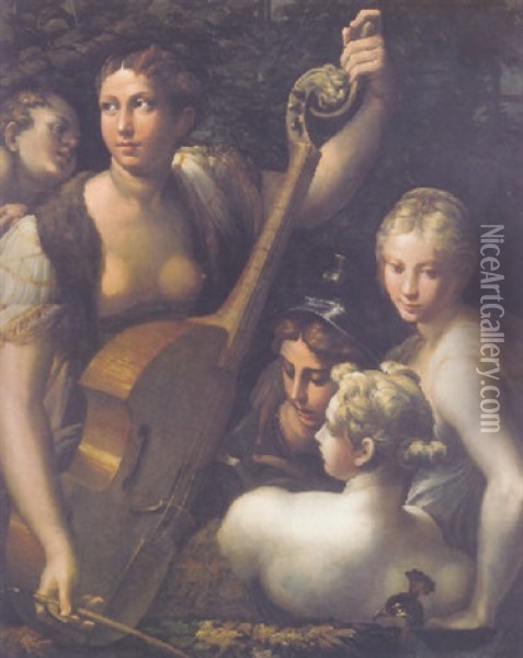 A Concert With Minerva, Juno And Venus Listening To A Young Bare-chested Woman Playing The Viola Da Gamba With Cupid Looking On Oil Painting -  Parmigianino