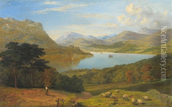 Lake District Landscape With A Woodman On A Sunlit Path Oil Painting - Edmund John Niemann