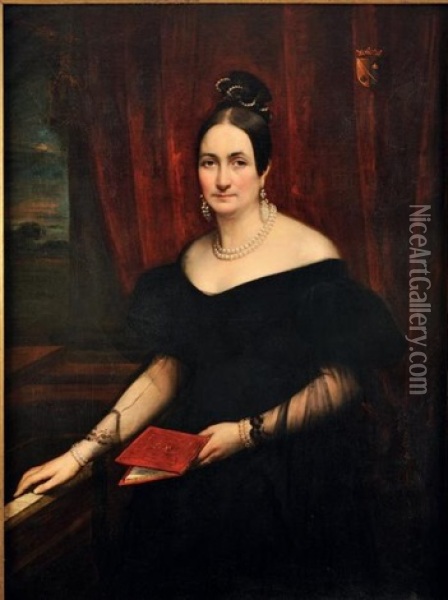 Portrait De Jeune Femme De La Famille Surcouf, En Robe De Bal Noire Pres D'un Piano Forte Oil Painting - Auguste Charpentier