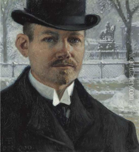 Self-portrait, Nytorv In Winter Oil Painting - Paul-Gustave Fischer