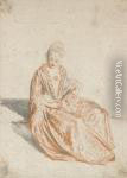 Jeune Fille Assise Tenant Un Eventail Ferme Oil Painting - Watteau, Jean Antoine