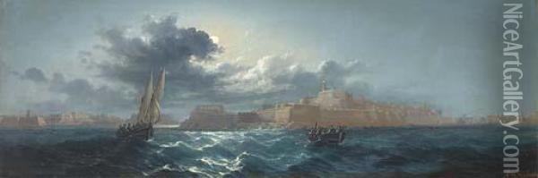 Crowded Small Craft Running Out Of Grand Harbour, Valetta, By Moonlight Oil Painting - Luigi Maria Galea