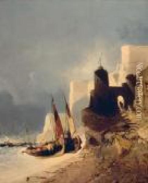 Bateau Mediterraneen Echoue Pres D'une Cote Orientale, Circa 1870 Oil Painting - Eugene Deshayes