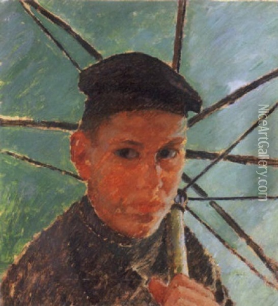 Ritratto Di Paulo Con L'ombrello Verde, 1919 Oil Painting - Oscar Ghiglia