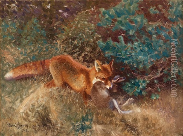 Fox With Prey Oil Painting - Bruno Liljefors