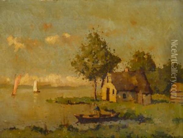 Cottage By The Lake Oil Painting - Nicolaas Bruynesteyn