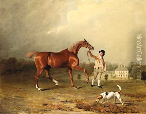 Charles Arnott's Chestnut Hunter Held by a Groom in an Extensive Landscape, with Rushington Manor Beyond Oil Painting - Ben Marshall
