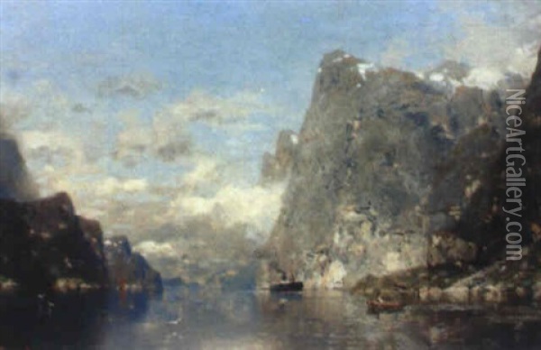 Norskt Fjordlandskap Med Fartyg Oil Painting - Georg Anton Rasmussen