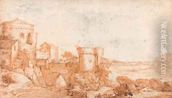 A fortified bridge by a tower, an extensive river landscape beyond Oil Painting - Jacob I Savery