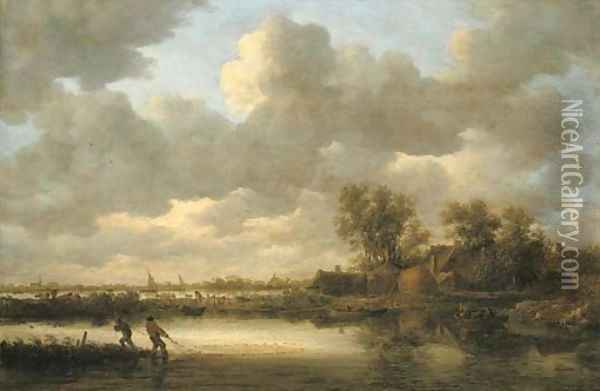 A river landscape with fishermen drawing in their nets near a village Oil Painting - Jan van Goyen