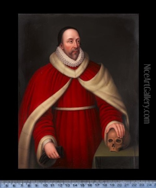 Edward Coke, Wearing White Fur Trimmed Red Robes, Ruff And Black Cap, He Holds His Gloves In His Right Hand, His Left Hand Resting On A Skull Oil Painting - Henry Bone