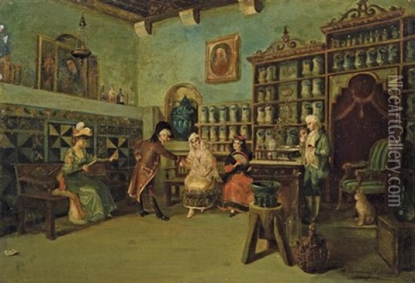 Meeting At The Apothecary Shop Oil Painting - Antonio Casanova y Estorach