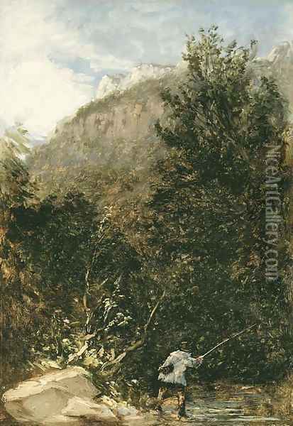 An angler on the river Llugwy, Bettws-y-Coed Oil Painting - David Cox