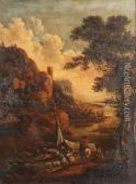 A Mountainous River Landscape With Figures Loading Barges Oil Painting - Gerrit Van Battem