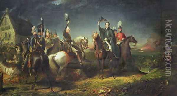 The Meeting of the Duke of Wellington and Field Marshal Blucher on the Evening of the Victory of Waterloo at La Belle Alliance Oil Painting - Thomas Jones Barker