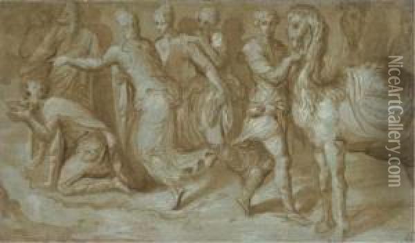 Personnages Buvant A Une Fontaine Oil Painting - Frans I Vriendt (Frans Floris)