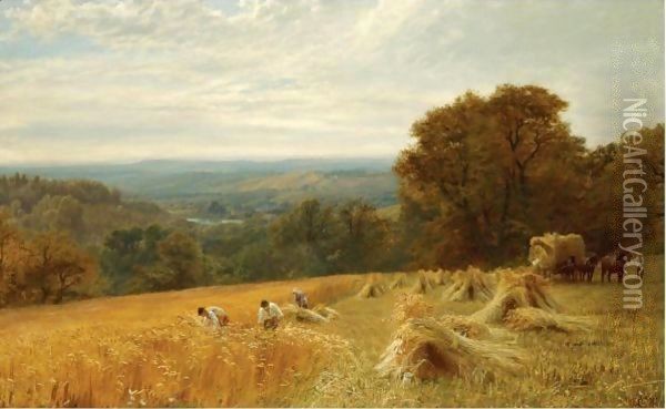 Gathering In The Wheat Harvest, Between Petworth And Fittleworth, Near Midhurst, South Downs, Sussex Oil Painting - George Vicat Cole