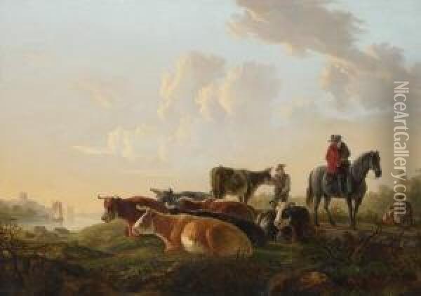 Niederlandische Flusslandschaft
 Mit Kuhherde. Oil Painting - Jacob Van Stry