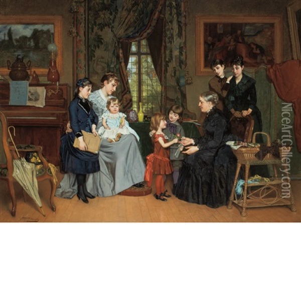 La Fete De La Grand'maman Oil Painting - Louis Edmond Pomey
