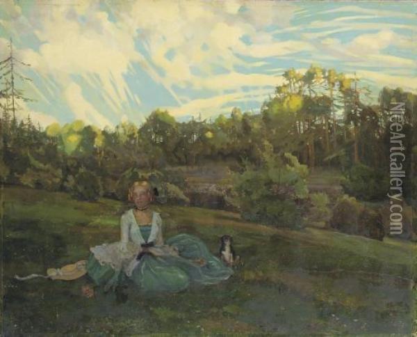 A Girl In An Evening Landscape Oil Painting - Konstantin Andreevic Somov
