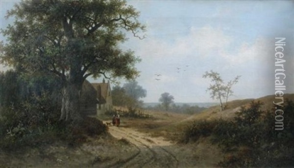 Villagers On A Country Track (+ River Landscape With Cattle Grazing; Pair) Oil Painting - Hendrik Pieter Koekkoek