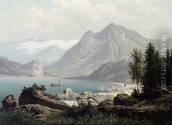 Hochgebirgslandschaft Mit See An Einem Prachtvollen Sommertag Oil Painting - Theodor (Wilhelm T.) Nocken
