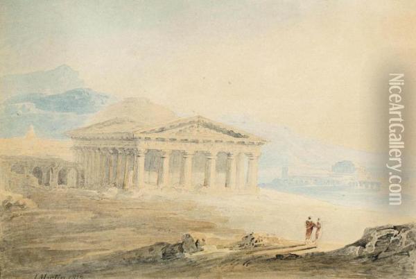 Figures In Classical Dress Standing Before A Temple Oil Painting - John Martin