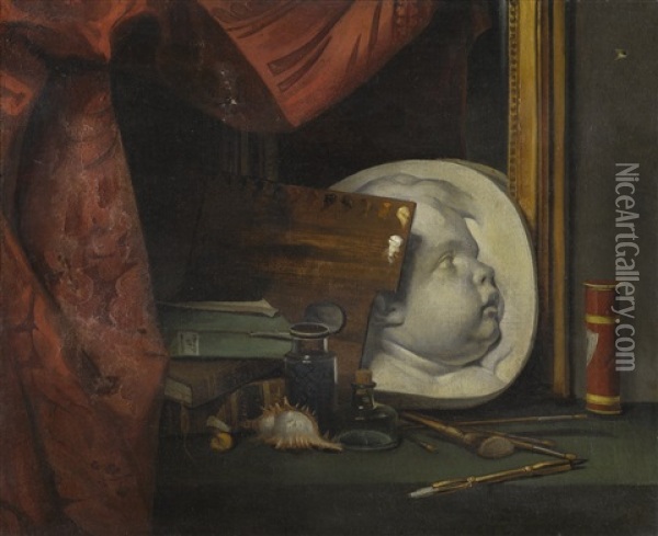 Still Life With A Boy's Head In Plaster Relief, Along With An Artist's Palette, Paintbrushes And A Shell, All On A Draped Table Before A Mirror Oil Painting - Thomas Germain Joseph Duvivier