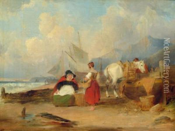 Beach Scene With Horses And Fisher Women Oil Painting - William Collins