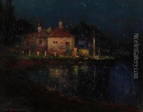 A Lake House On Moonlight Oil Painting - Will Speaks