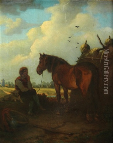 Junger Mann Mit Hund Neben Pferd Oil Painting - Hubert Salentin