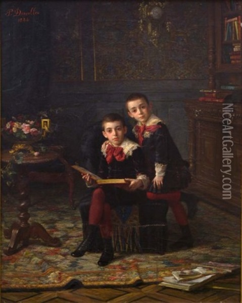 Deux Jeunes Garcons A La Lecture Oil Painting - Paul Descelles