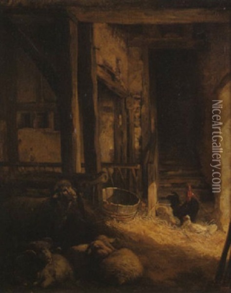 Moutons, Coq Et Poule Oil Painting - Edouard Pils
