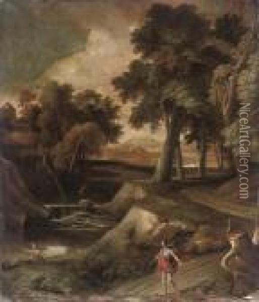 An Italianate Wooded River Landscape With A Fisheman On A Bank Anda Traveller On A Track Oil Painting - Andrea Locatelli