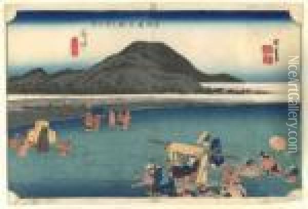 Les Cinquante Trois Stations Du Tokaido Fuchu ; Abe-kawa Oil Painting - Utagawa or Ando Hiroshige