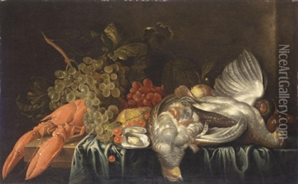 A Still Life With A Lobster, Game, Grapes And Other Fruit All Arranged On A Partly Draped Table Oil Painting - Jan Davidsz De Heem