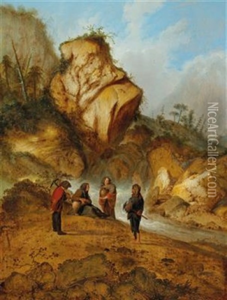 A Rocky Landscape With Miners At A Waterfall Oil Painting - Jacob Sibrandi Mancadan