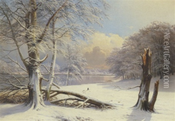 Vinterdag Med Snepudrede Traeer, Solskin Oil Painting - Anders Andersen-Lundby