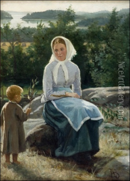 Aiti Ja Lapsi Kalliolla - Mor Och Barn Pa Klippan Oil Painting - Adolf von Becker